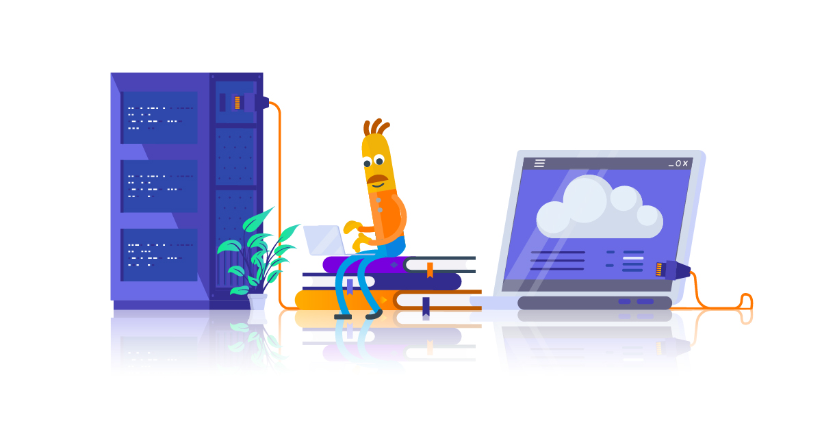 illustrierte Figur, die an einem Laptop arbeitet