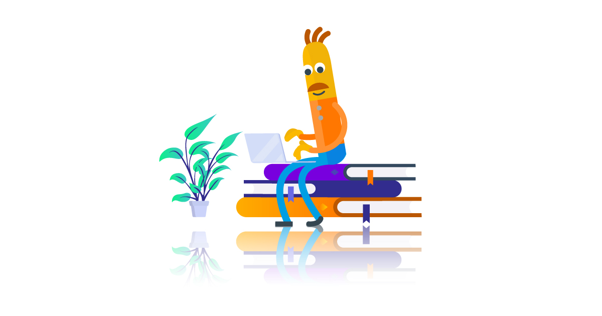 grafische Figur, die auf einem Laptop tippt, während sie auf einem Bücherstapel sitzt