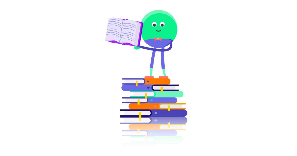 grafische Figur, die auf einem Bücherstapel steht
