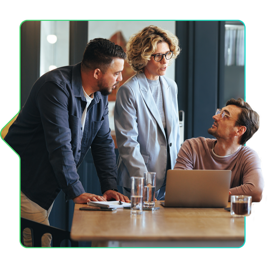 two men and a woman discussing business